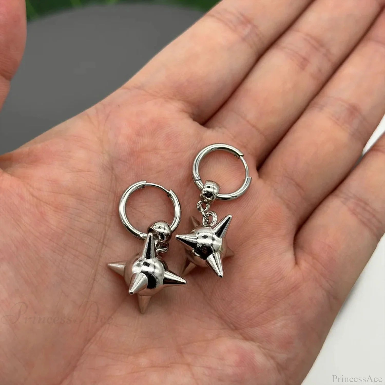 Dark Spiky Sphere Rivet Hoop Dangle Earring