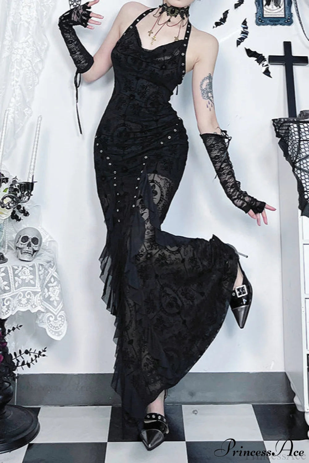 Dark Velvet Drape Gothic Dress Black / S