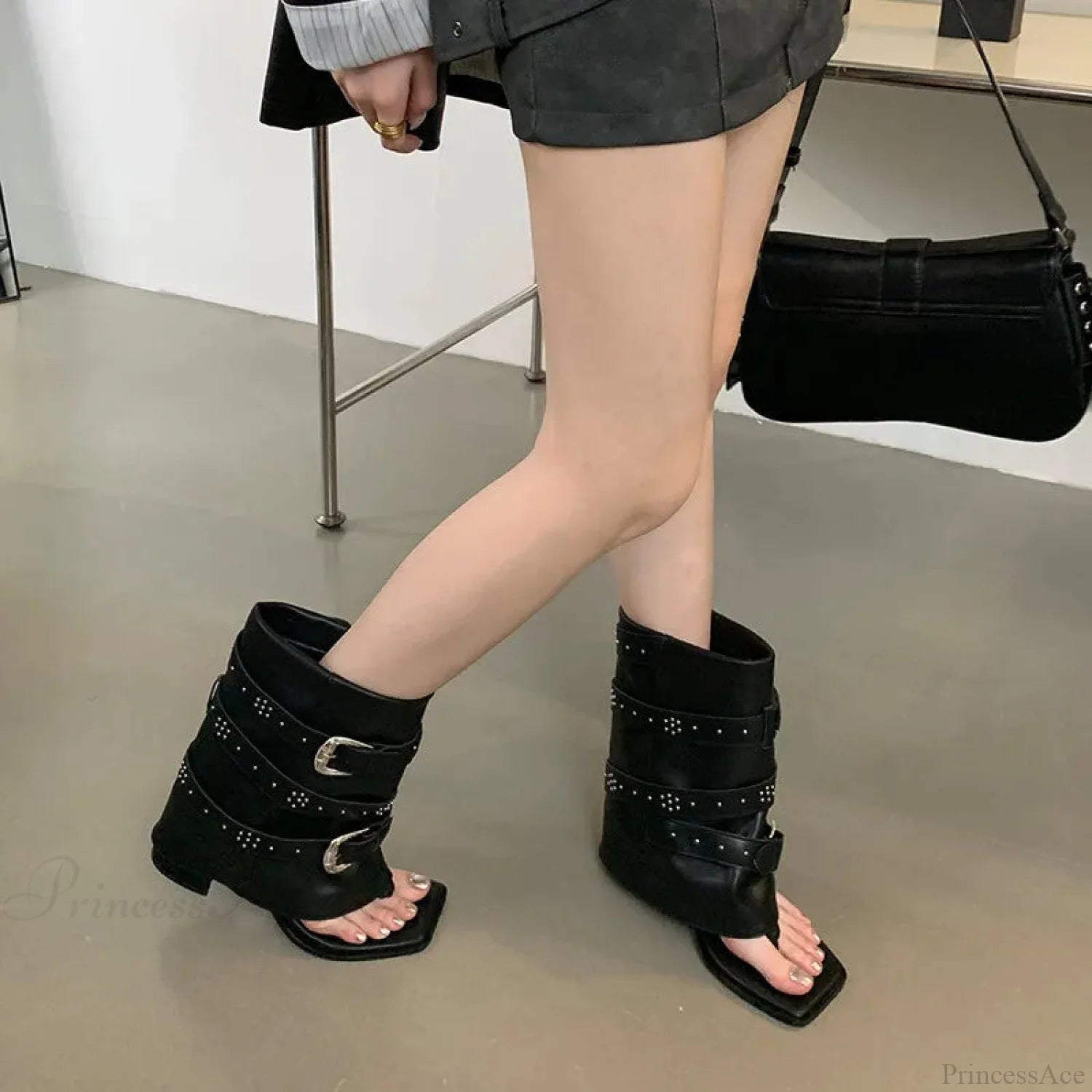 Dark Wedge Ankle Boot with Metal Clasp