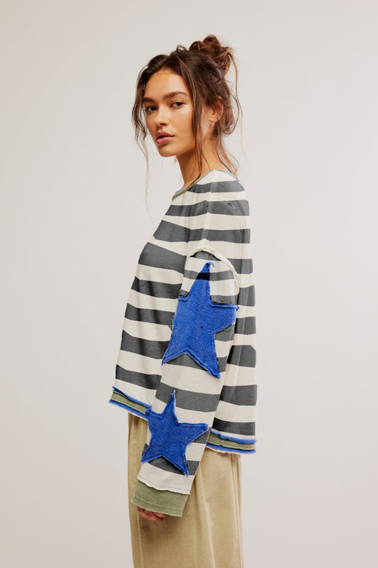 Star Sleeve Applique Stripe Sweatshirt