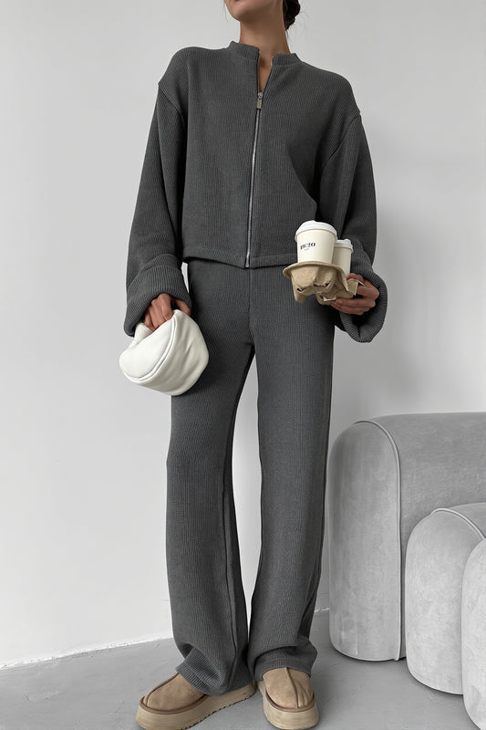 Ribbed Knit Zip Jacket Wide Leg Pants Set