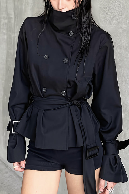 High Neck Belted Double Breasted Trench Coat