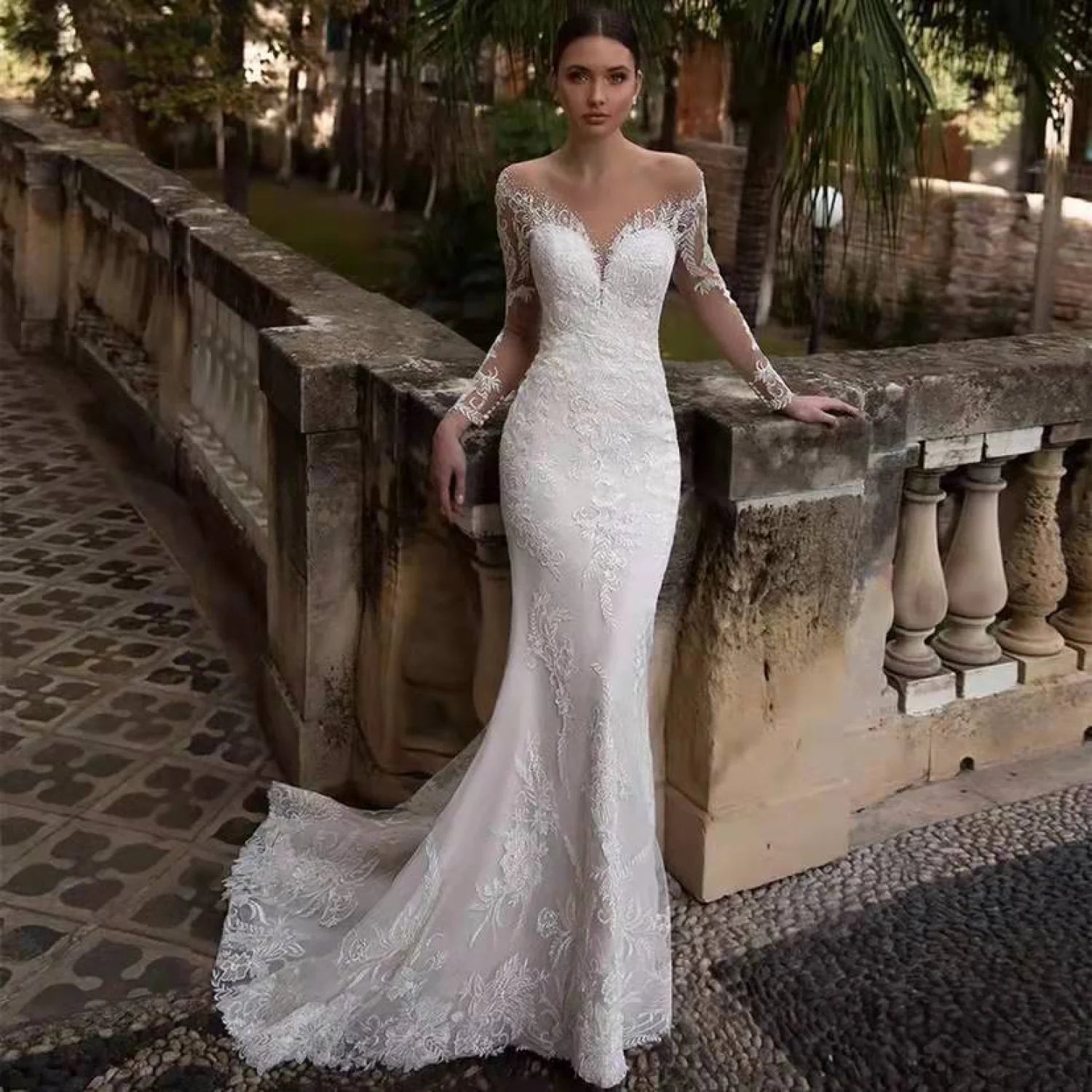 Deep V-Neck Backless Mermaid Wedding Dress weddingdress-250223