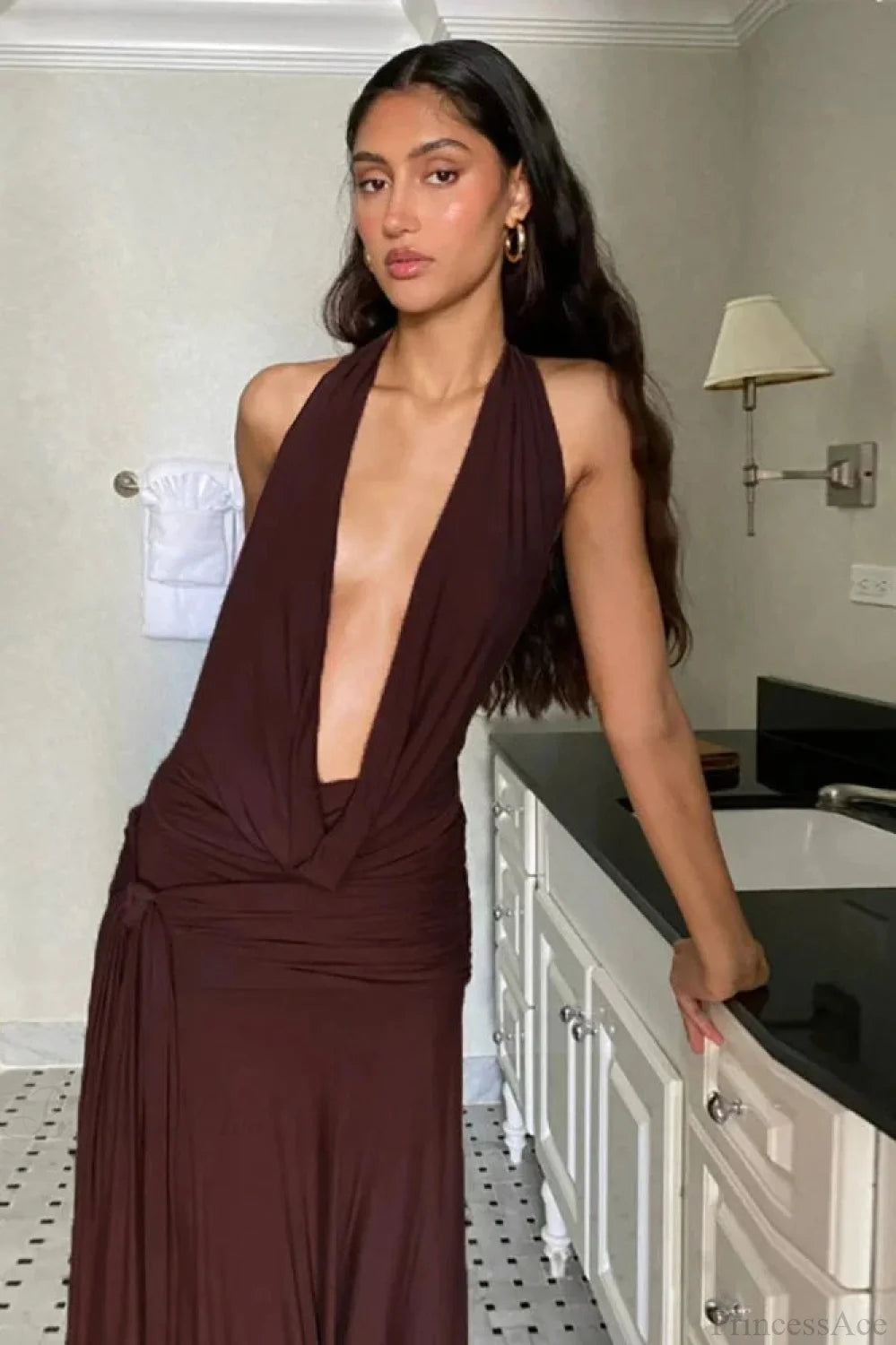 Deep V-neck Bandage Brown Vacation Dress vacationdress-250223