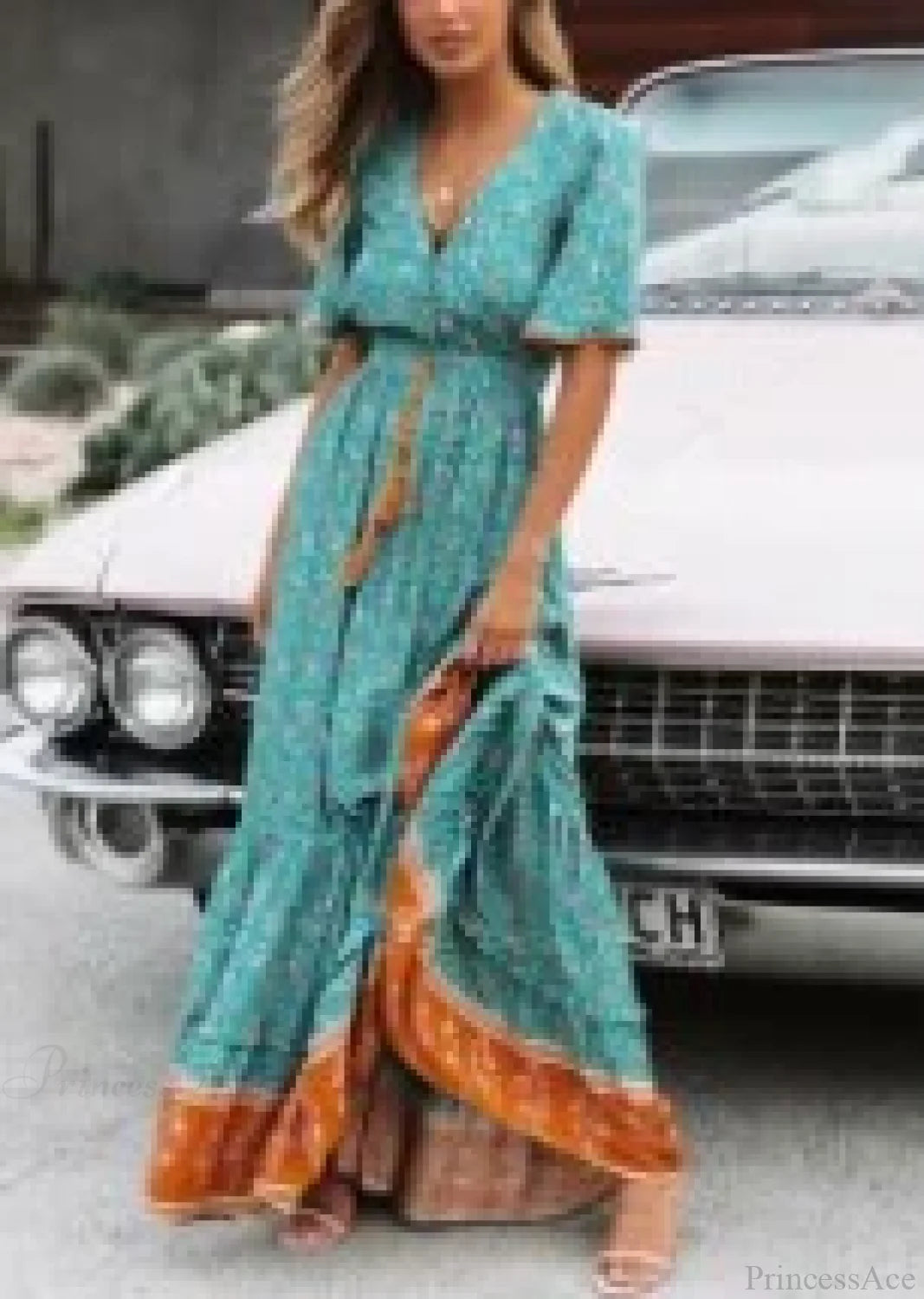 Deep V-neck Floral Boho Summer Dress Turquoise / S bohodress-250126