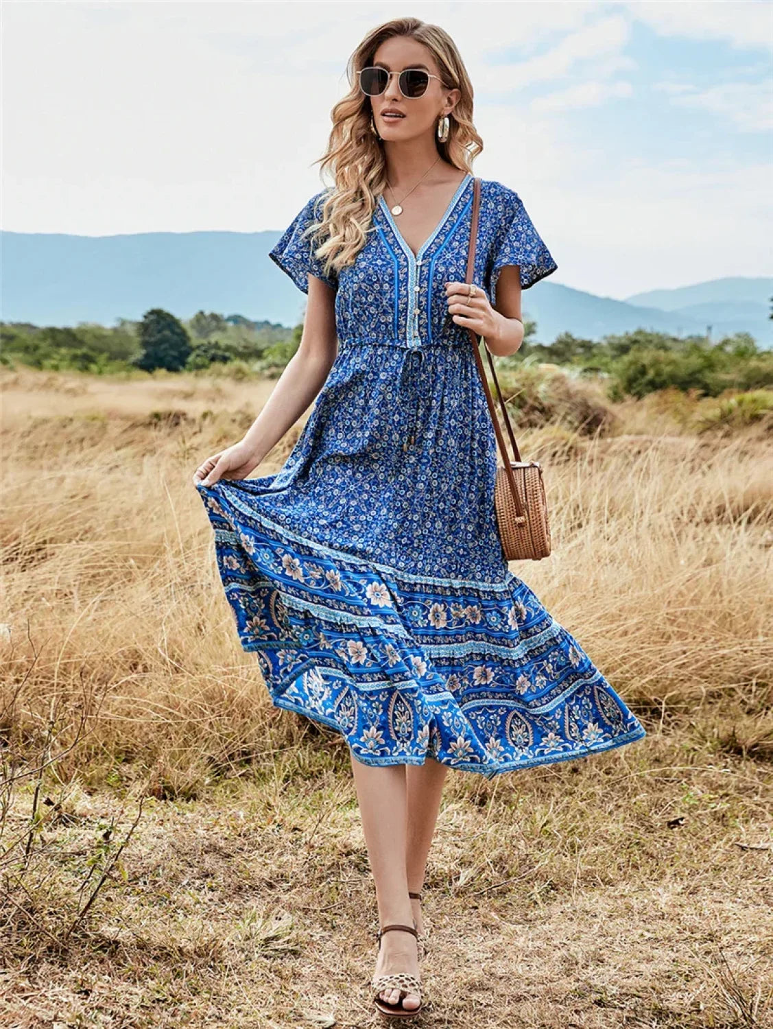 Deep V-neck Floral Button Pleated Maxi Boho Dress Blue / S bohodress-250126