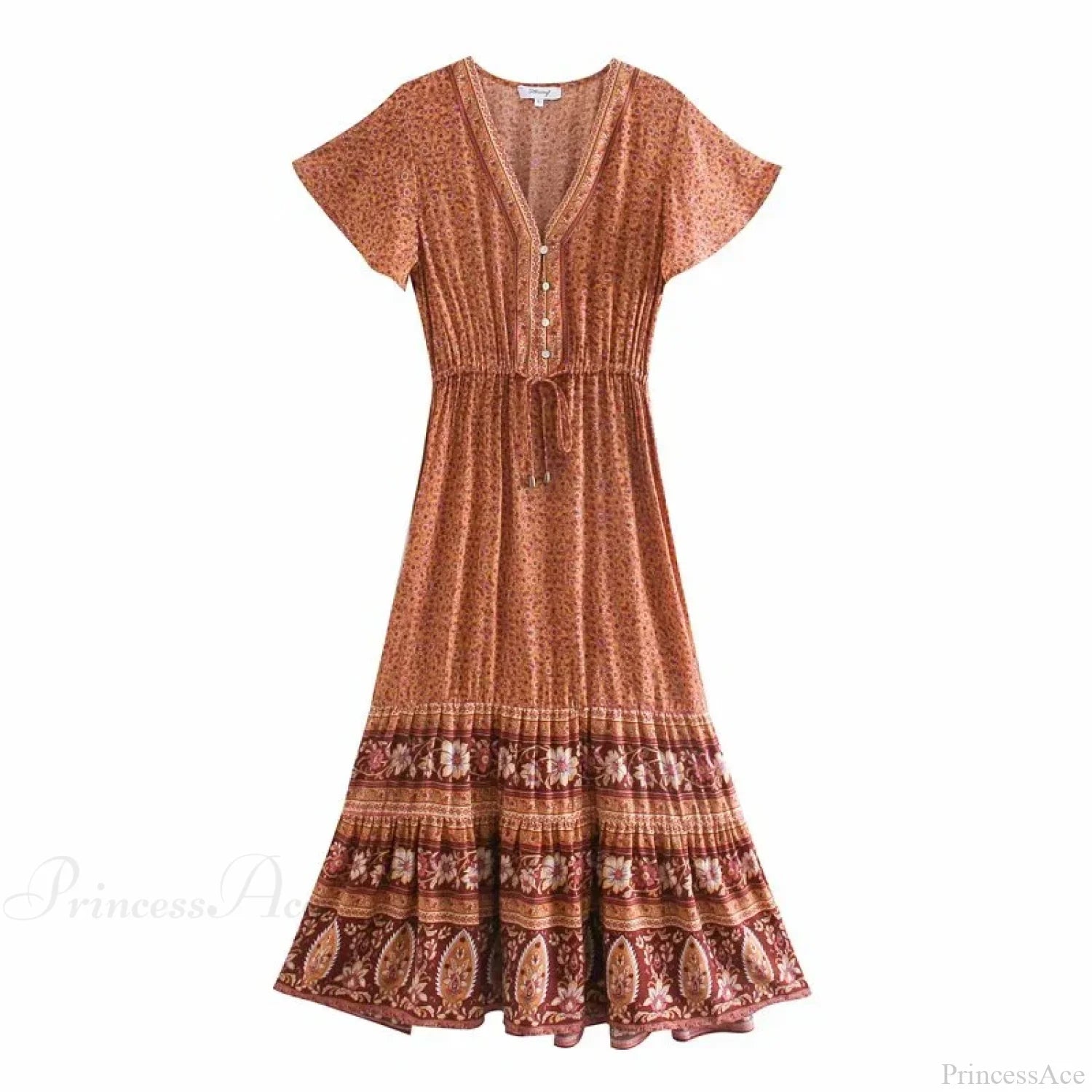 Deep V-neck Floral Button Pleated Maxi Boho Dress Brown / S bohodress-250126