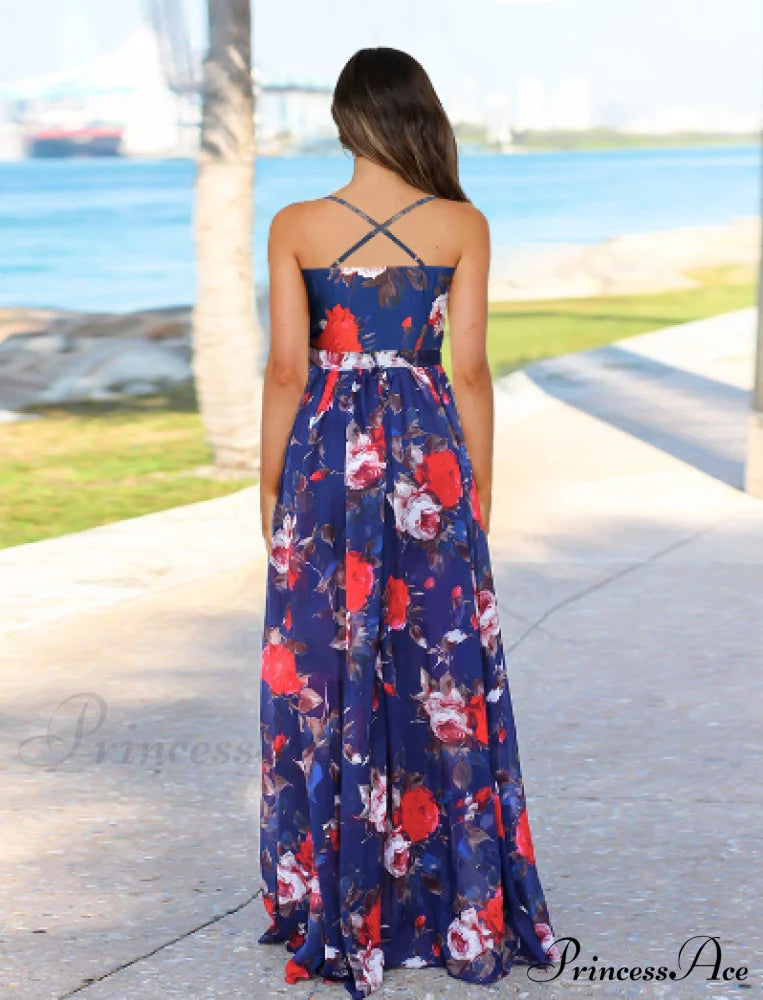 Deep V Neck Floral Print Beach Sling Maxi Dress S / Green Dresses