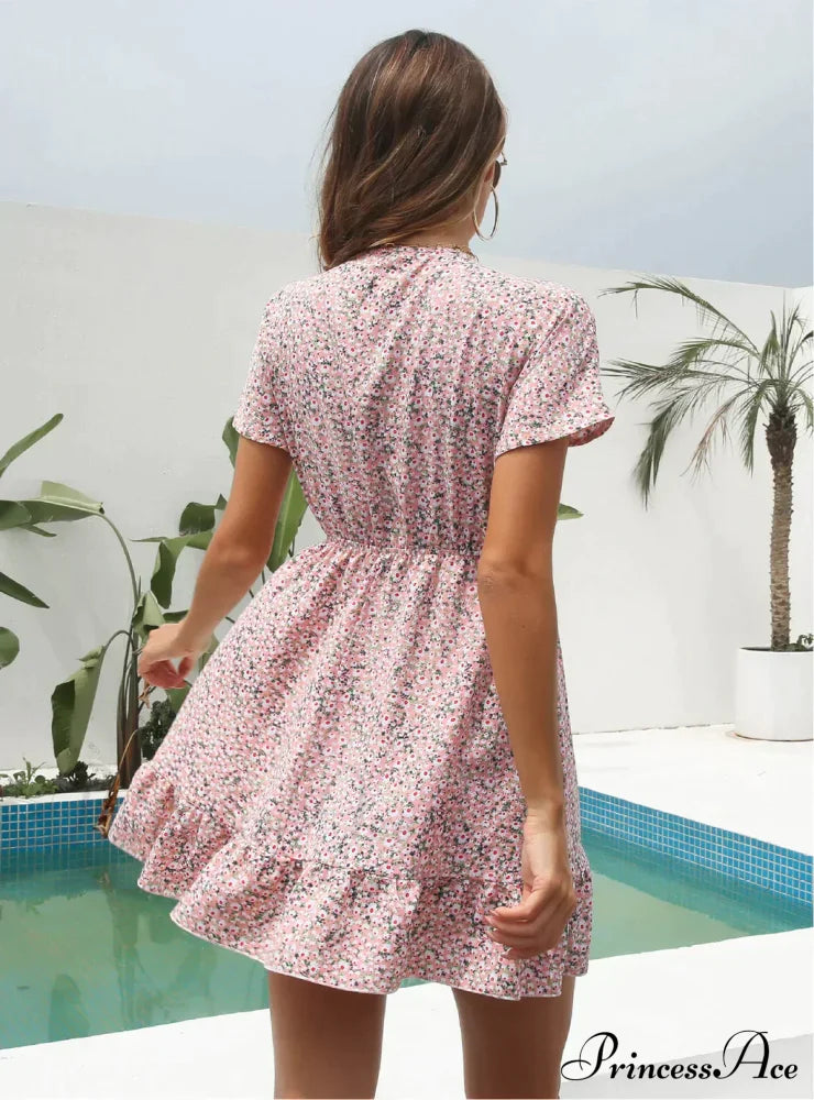 Deep V-Neck Flounces Chiffon Flowered Top M / Pink Dresses