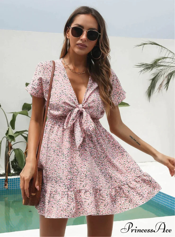 Deep V-Neck Flounces Chiffon Flowered Top S / Blue Dresses