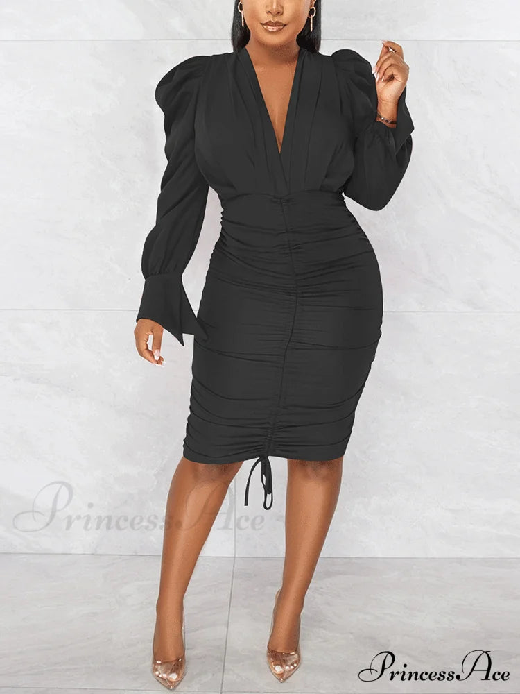 Deep V-Neck Front Trendy Tie Mini Dress Black / L Dresses