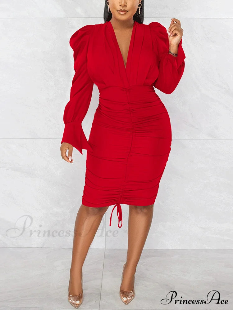 Deep V-Neck Front Trendy Tie Mini Dress Red / L Dresses