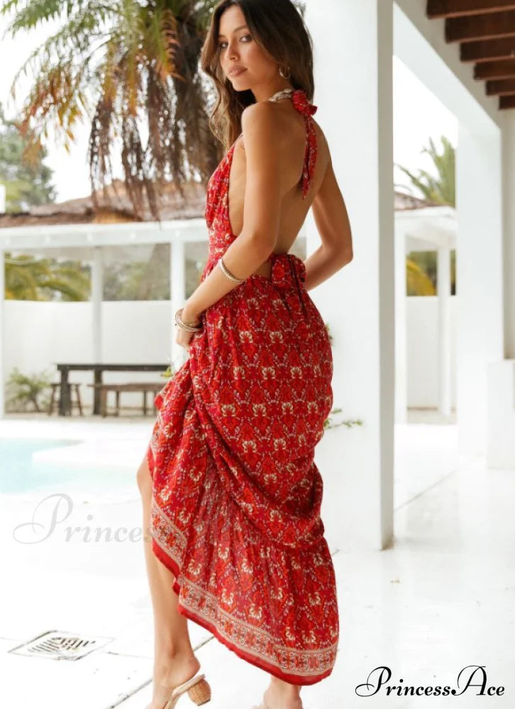 Deep V-Neck Halter Bandage A-Line Beach Dress L / Pink Dresses