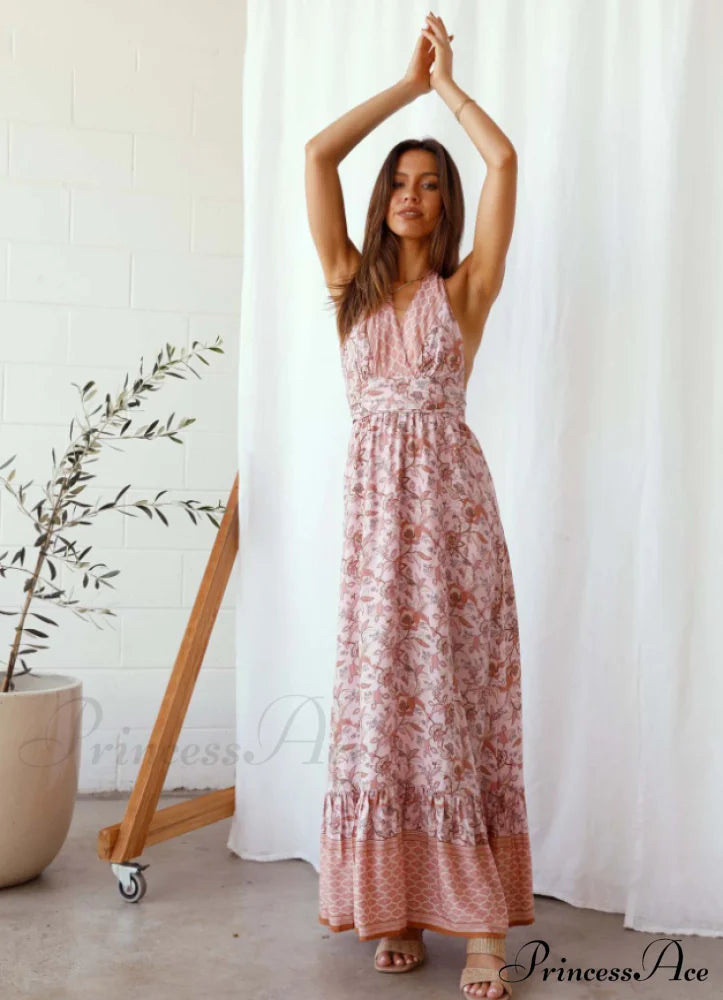 Deep V-Neck Halter Bandage A-Line Beach Dress S / Red Dresses