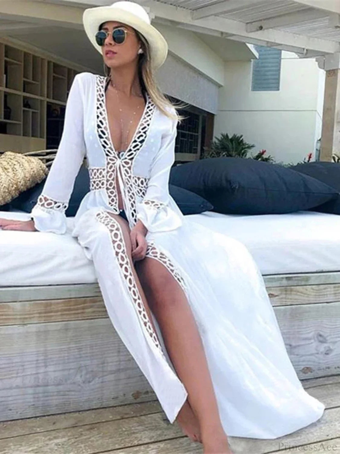 Deep V-Neck Hollow Out Bikini Cover Up WHITE / One Size