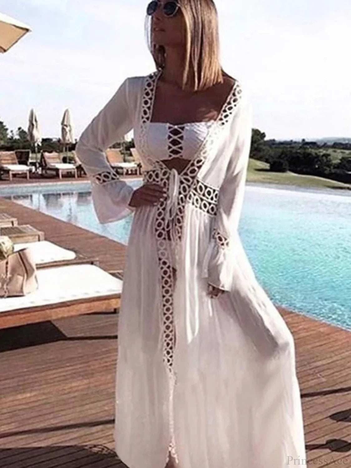 Deep V-Neck Hollow Out Bikini Cover Up WHITE / One Size