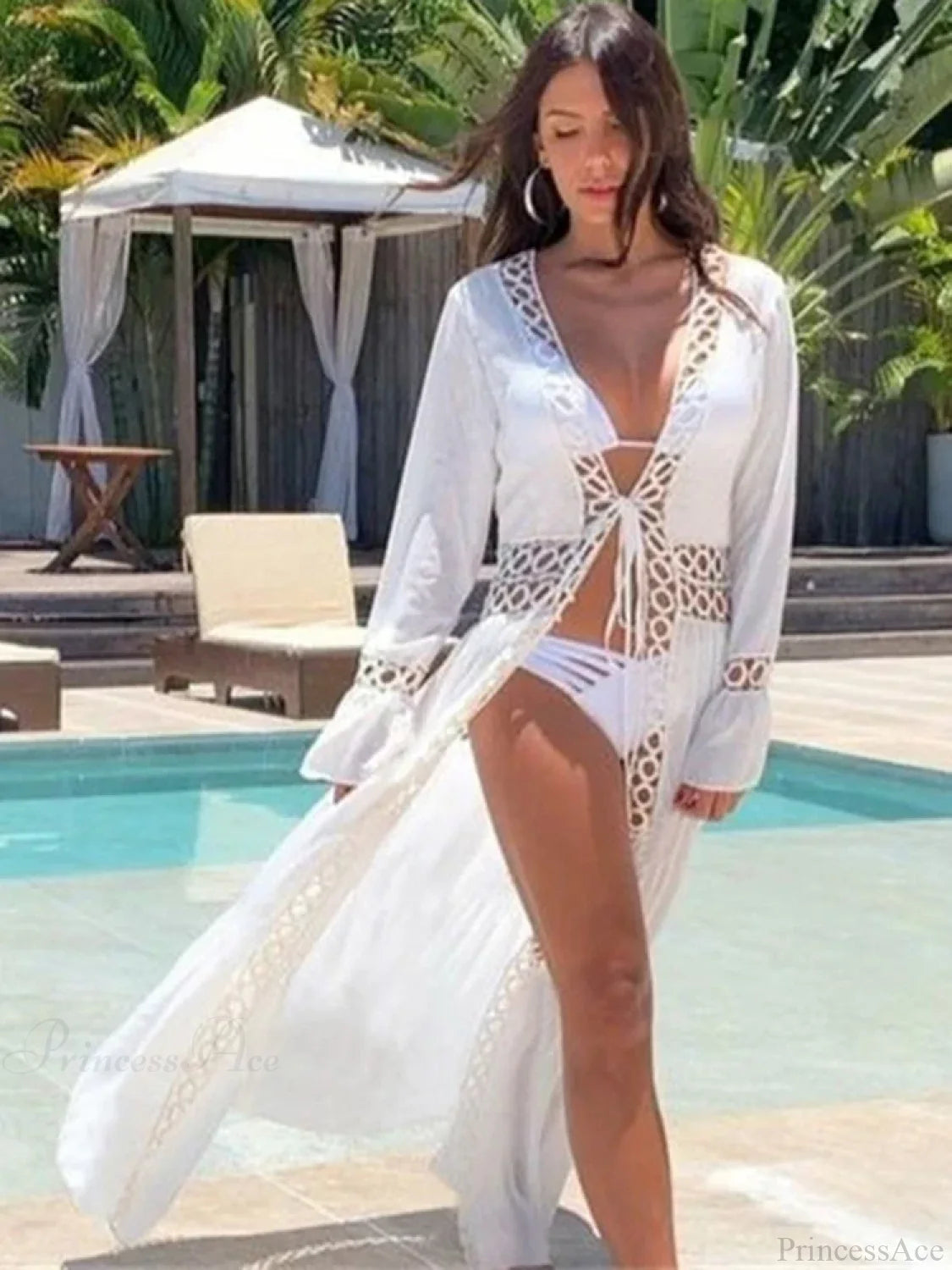 Deep V-Neck Hollow Out Bikini Cover Up WHITE / One Size