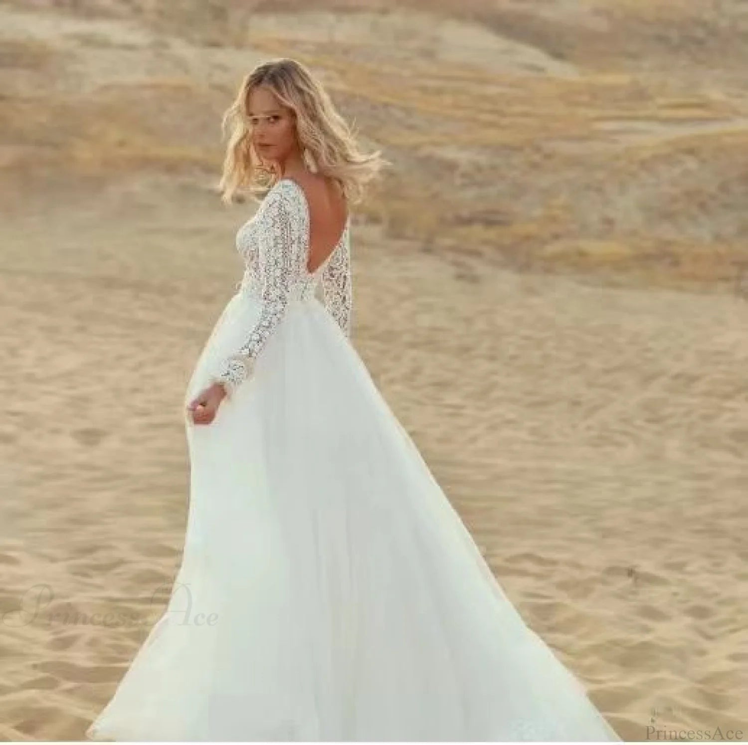 Deep V-Neck Long Sleeve Lace Wedding Dress White / 2 weddingdress-250223