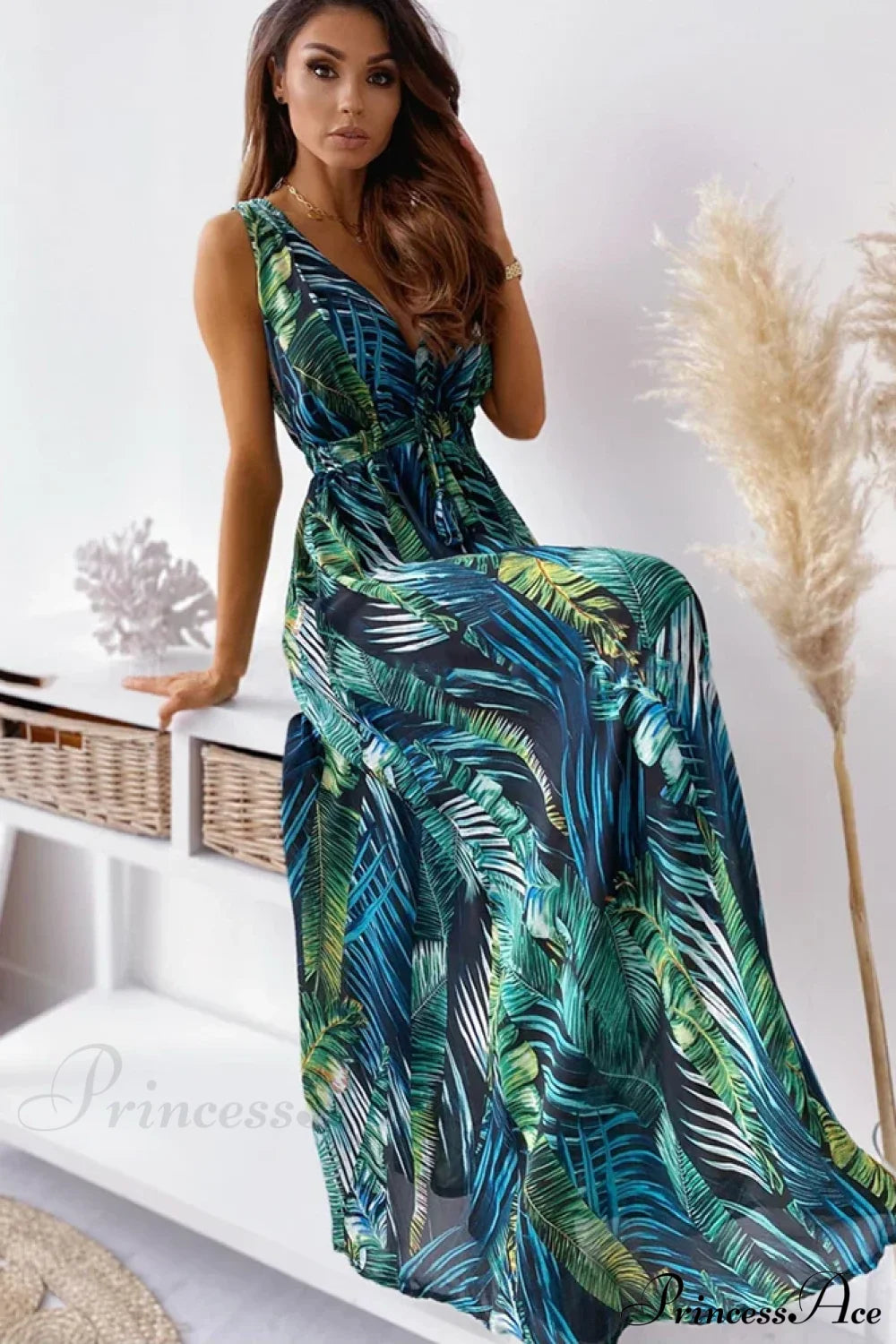 Deep V Neck Print Sleeveless Boho Dress