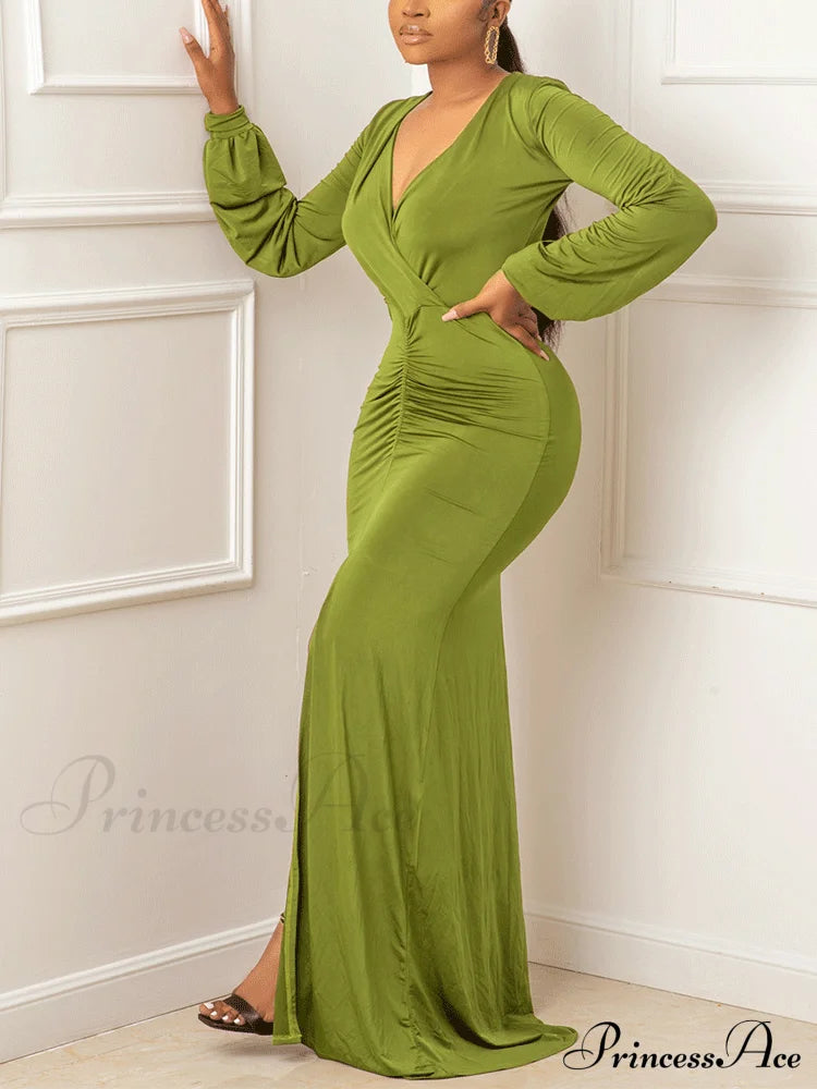 Deep V-Neck Sequins Trendy Slit Maxi Dress Green / Xl Dresses