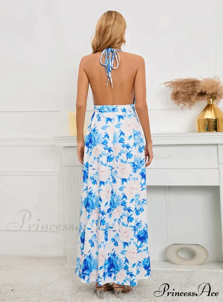 Deep V-Neck Slit Printed Long Dress M / Blue