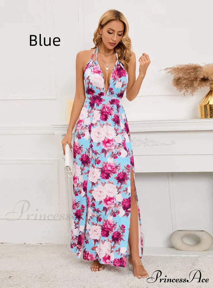 Deep V-Neck Slit Printed Long Dress M / Pink