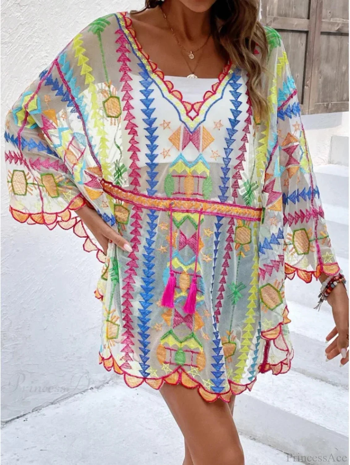 Deep V-neck Tunic Lace Boho Mini Beach Cover up as picture / One Size bohocoverup-250126