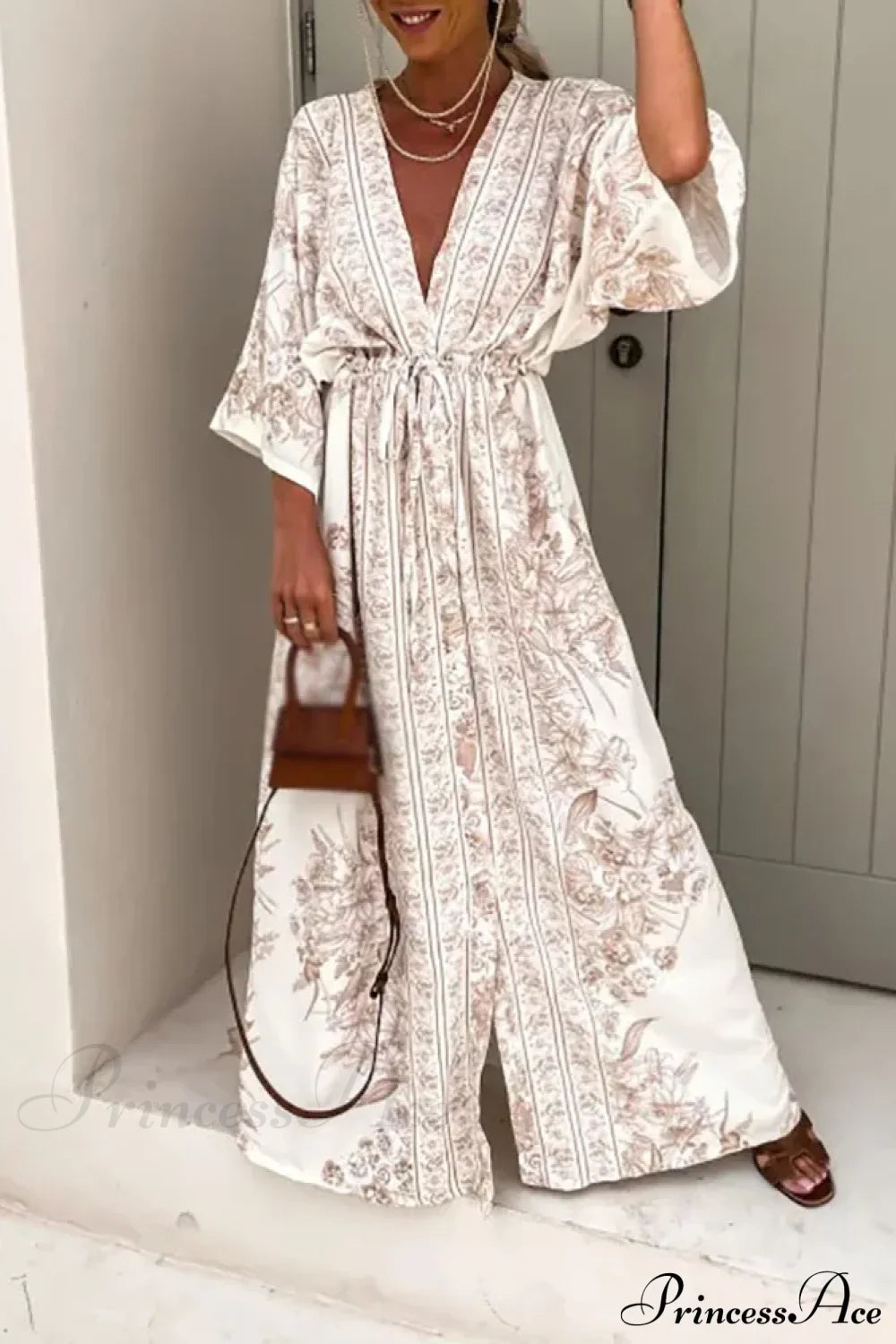 Deep V Neck Waist Drawstring Spring Pattern Vintage Boho Dress