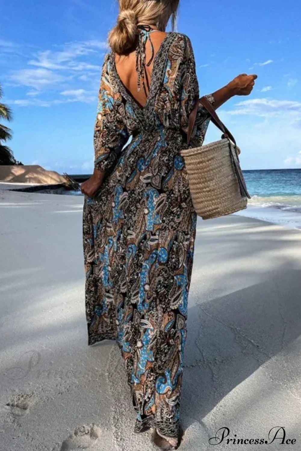 Deep V Neck Waist Drawstring Spring Pattern Vintage Boho Dress