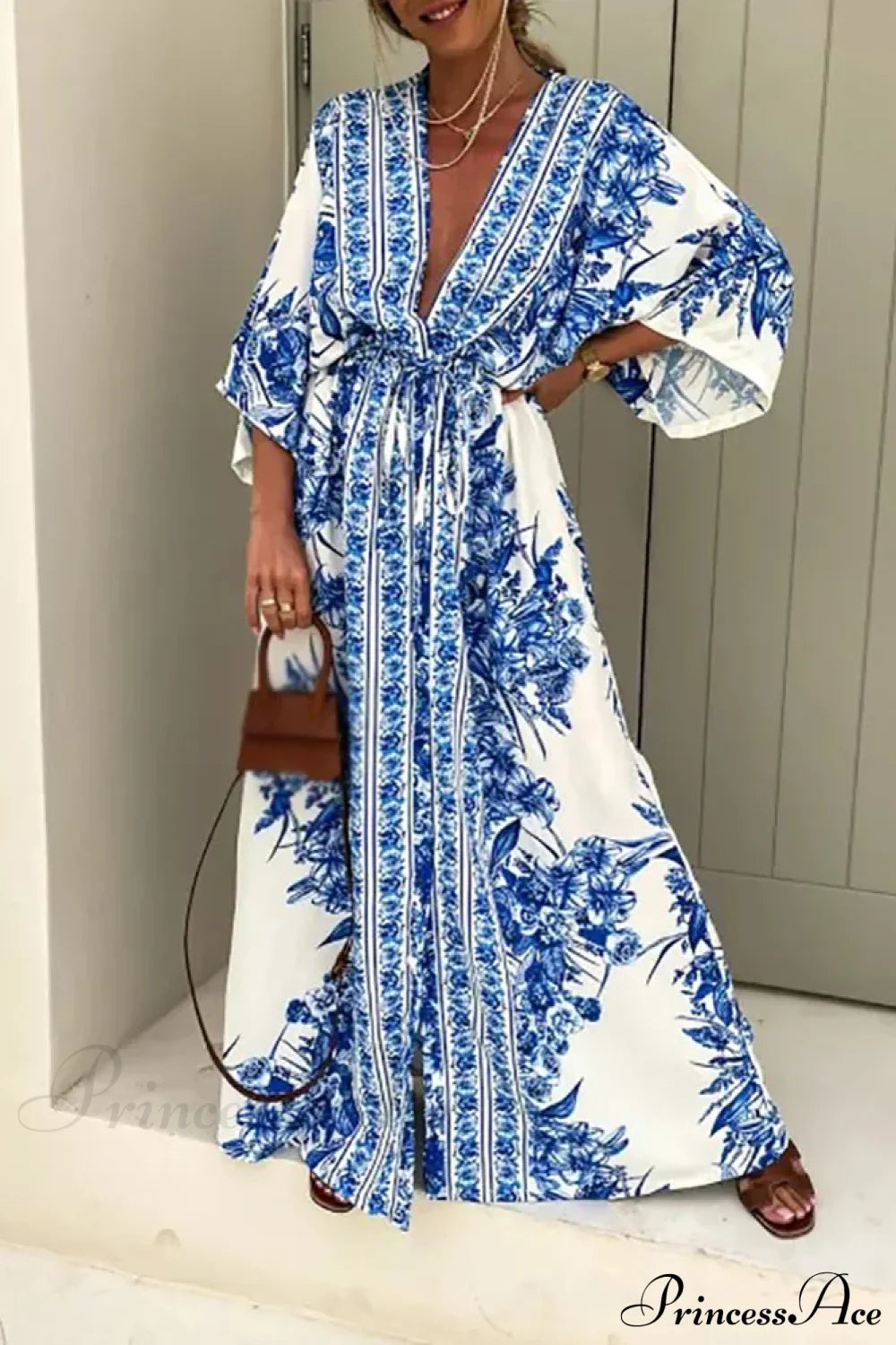 Deep V Neck Waist Drawstring Spring Pattern Vintage Boho Dress