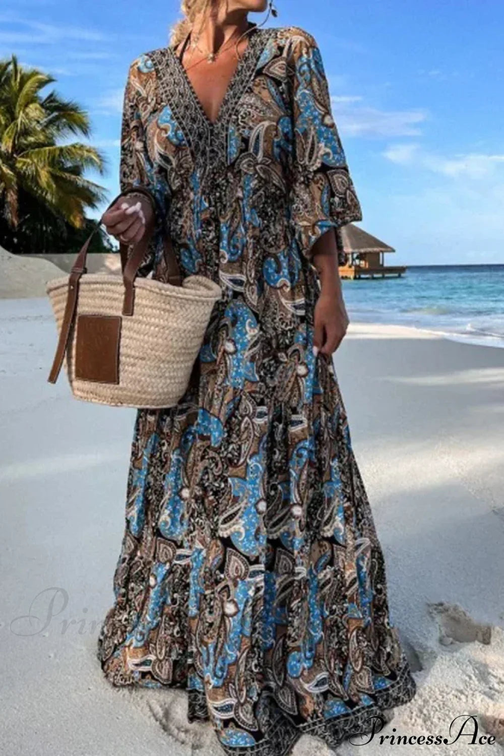 Deep V Neck Waist Drawstring Spring Pattern Vintage Boho Dress