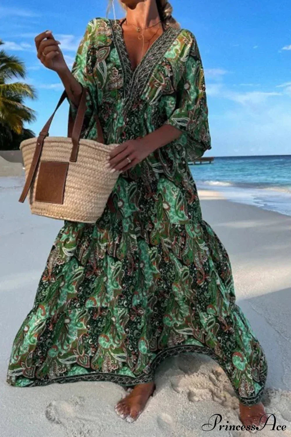 Deep V Neck Waist Drawstring Spring Pattern Vintage Boho Dress Green / S