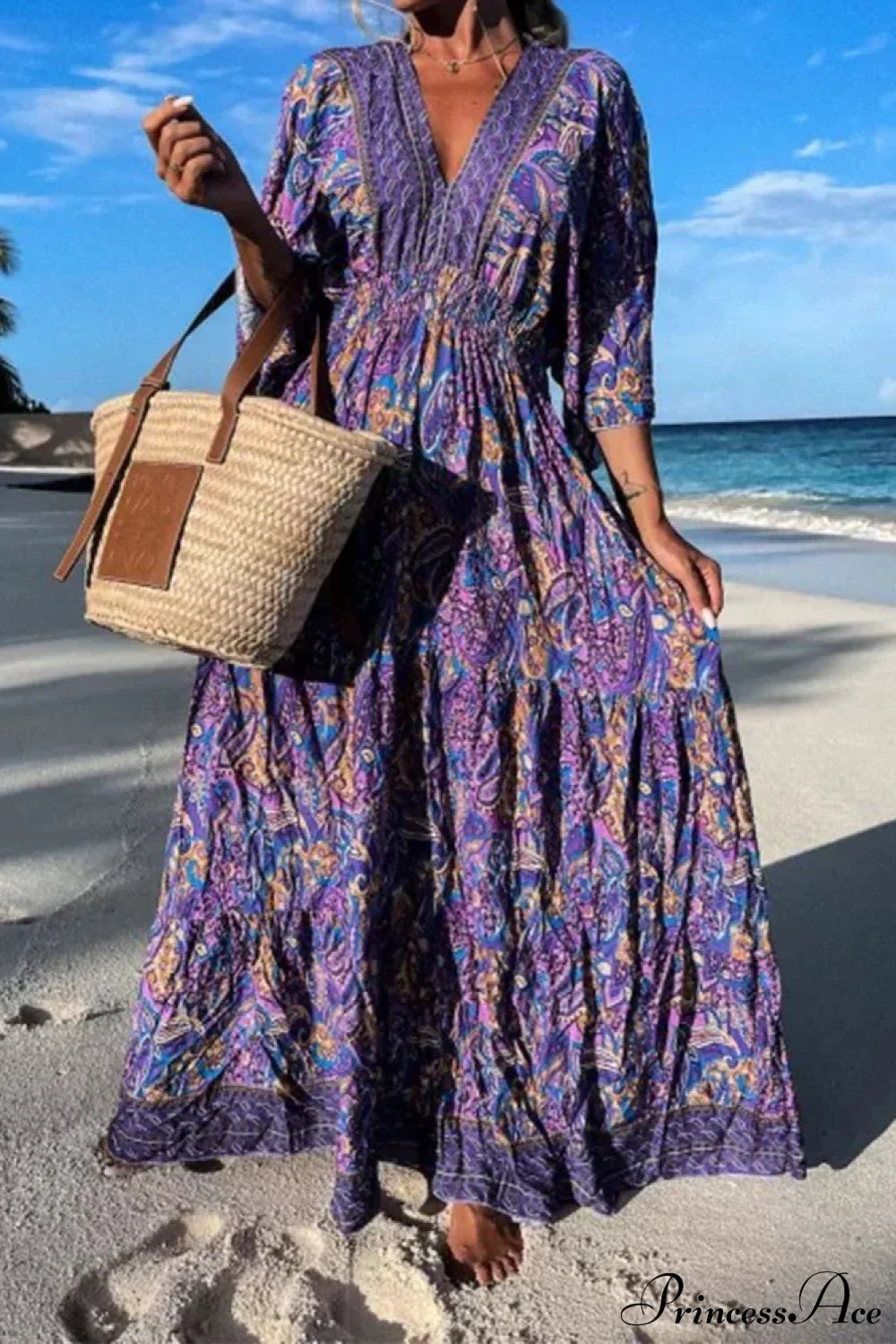 Deep V Neck Waist Drawstring Spring Pattern Vintage Boho Dress Purple / S