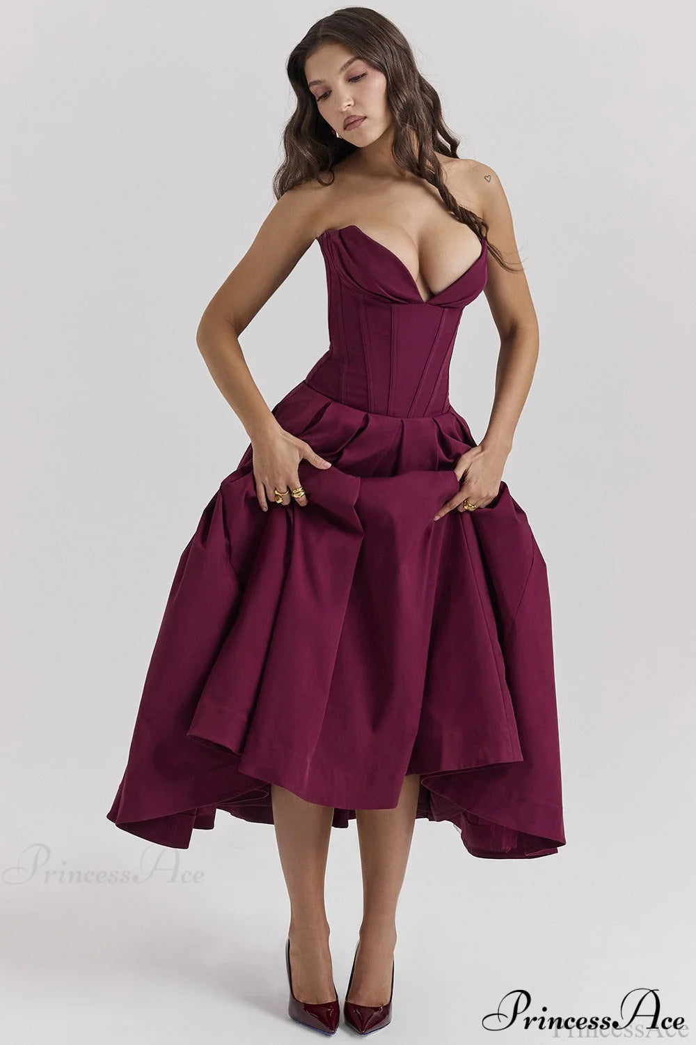 Deep V Strapless Bodycon Low-Waist Party Dress Dark red / S