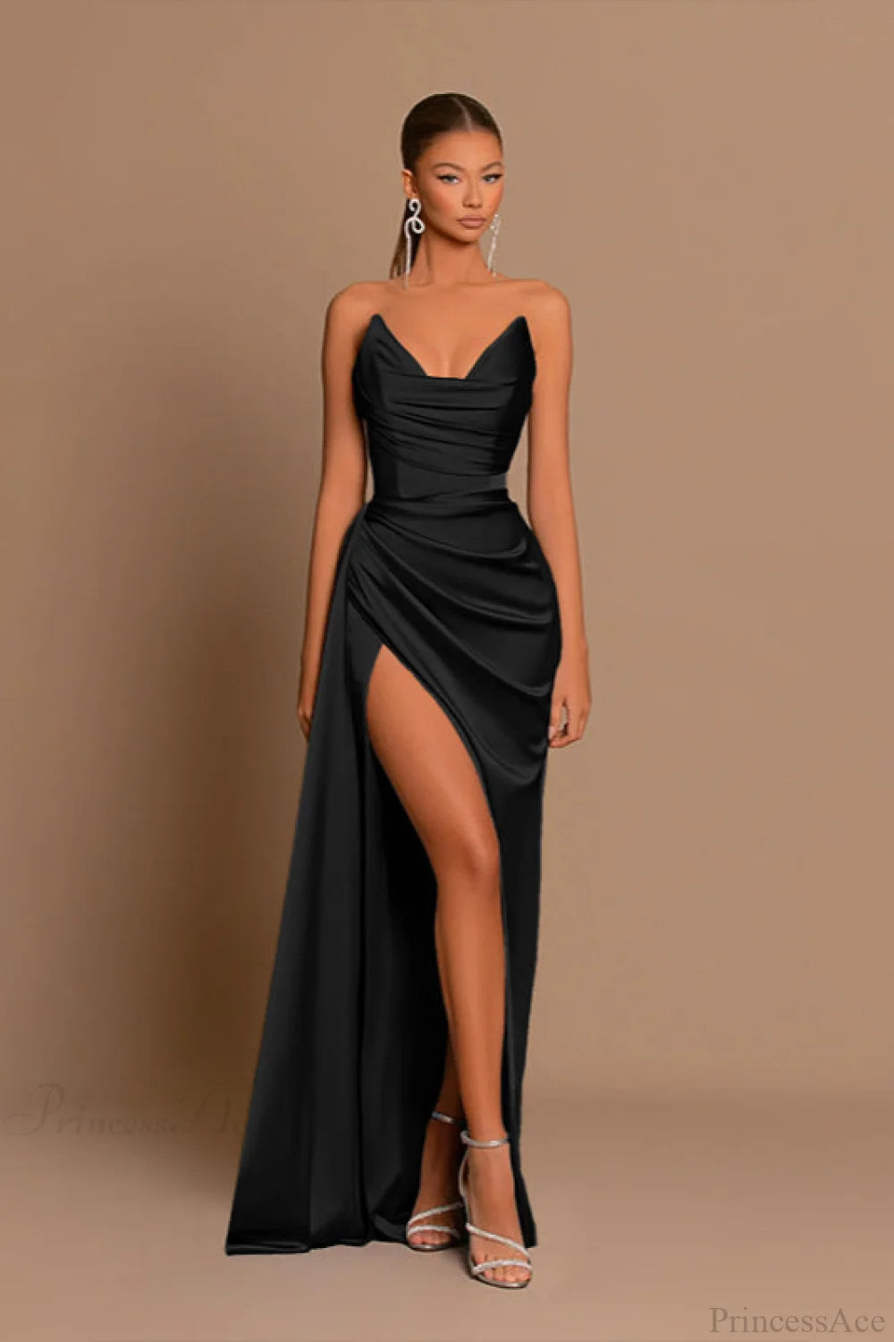 Deep V Waist-Cinched Satin Split Bodycon Party Dress Black / XS