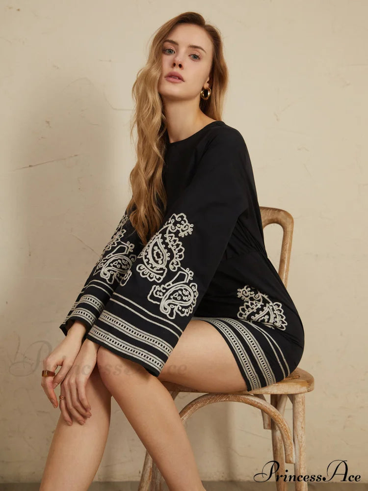 Delicate Embroidery Bell Trendy Sleeve Short Dress Black / S Dresses