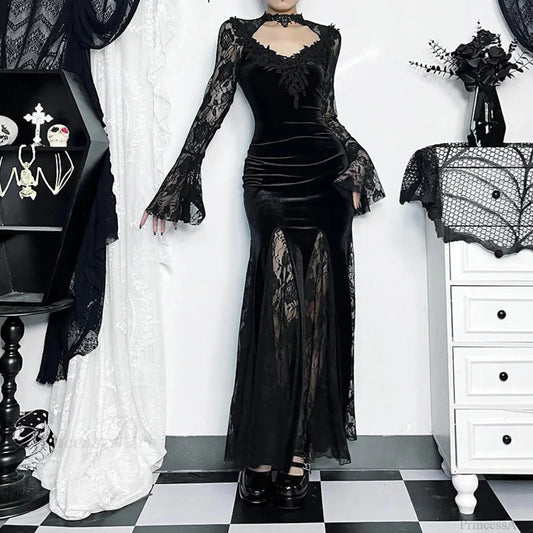 Delicate Fishtail Hollow V-neck Midi Dress Black / S