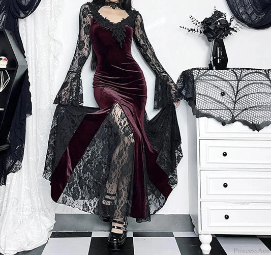 Delicate Fishtail Hollow V-neck Midi Dress Claret / S