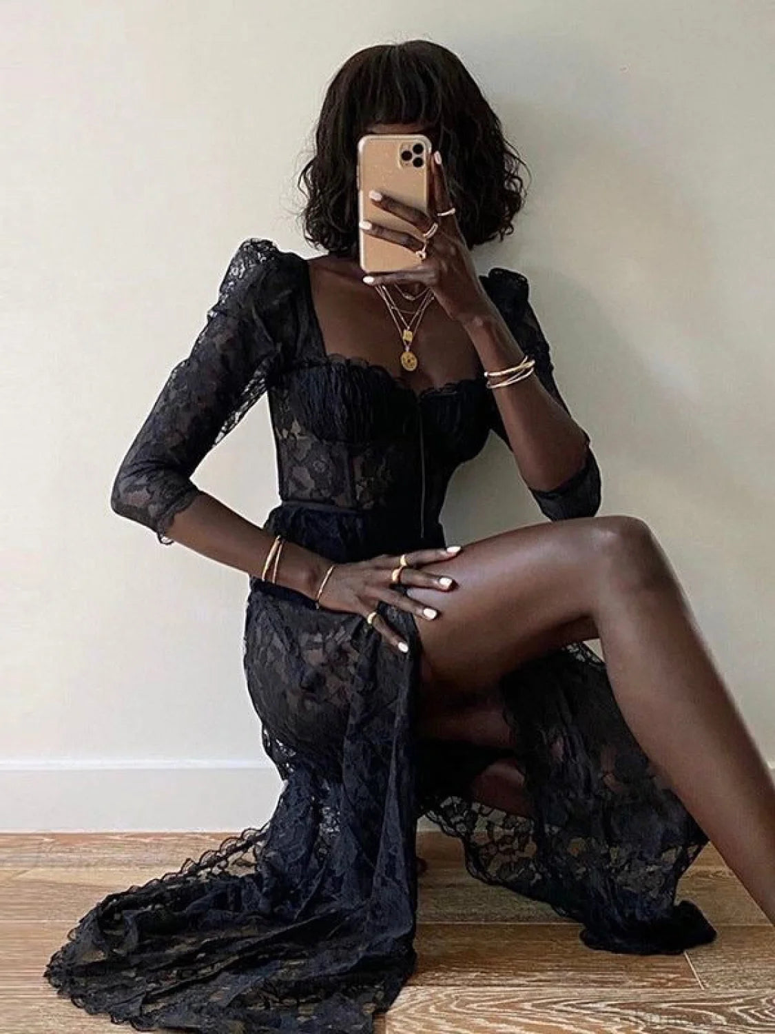 Delilah Sexy Lace Charming Split Maxi Dress