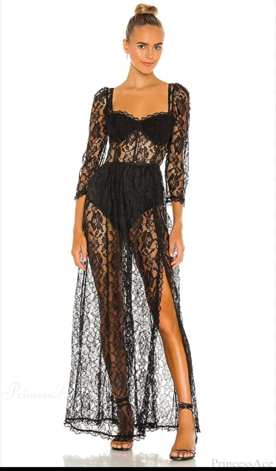 Delilah Sexy Lace Charming Split Maxi Dress Black / L