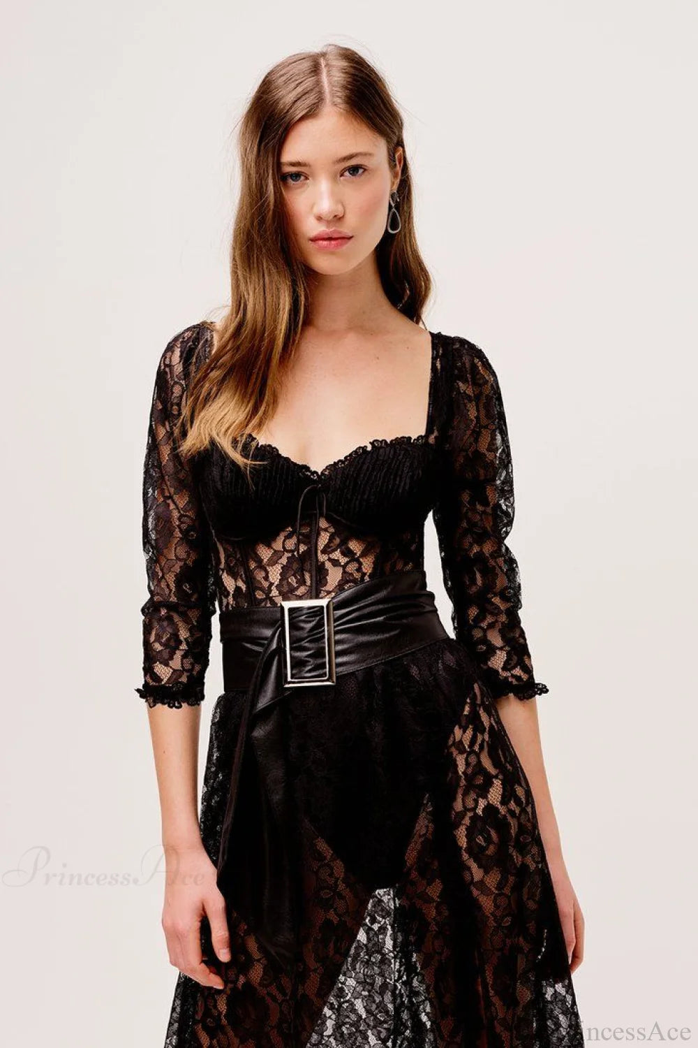 Delilah Sexy Lace Charming Split Maxi Dress Black / S
