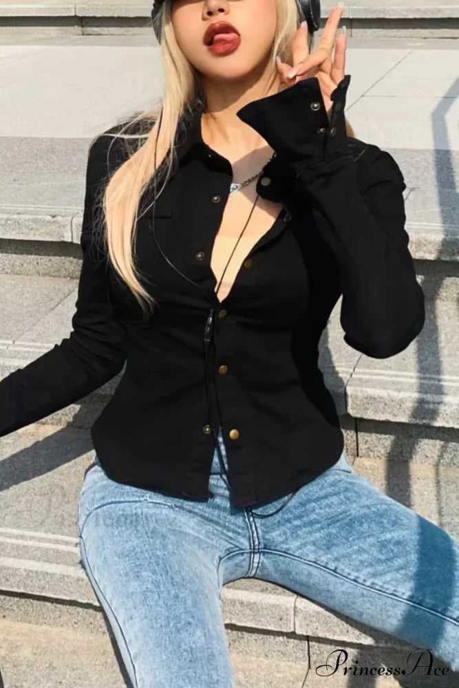 Denim Blouse With Bell Sleeves And Lapel Blouses