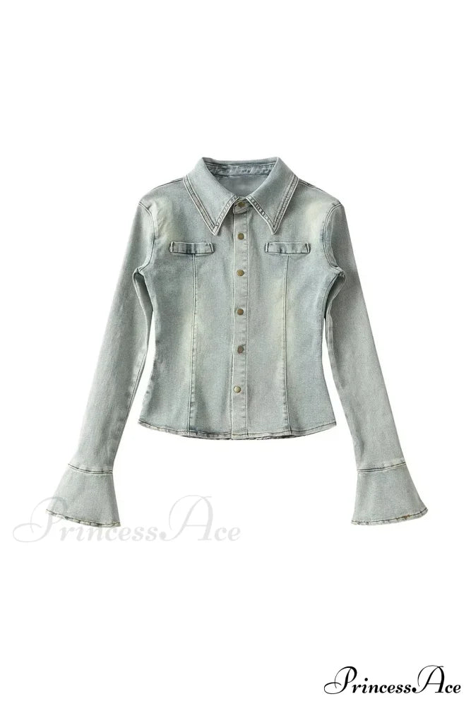 Denim Blouse With Bell Sleeves And Lapel Blue / S Blouses