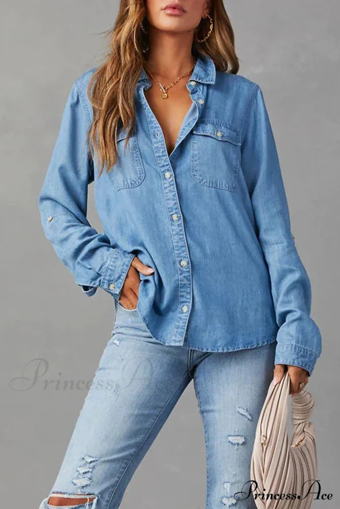 Denim Button-Up Blouse Blue / L Blouses