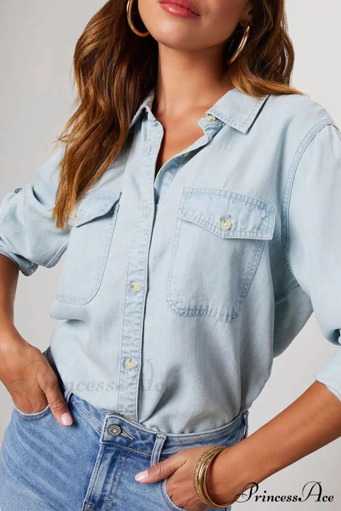 Denim Button-Up Blouse Light Blue / L Blouses