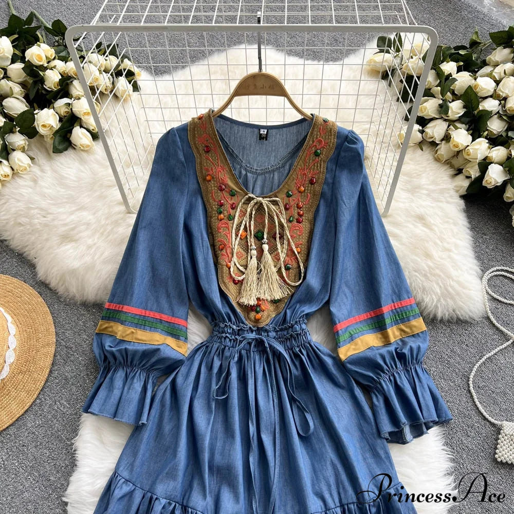 Denim Cowboy National Women Embroidered A Korean Folded Autumn Line Jeans Warm-Season Arm Gown 2024