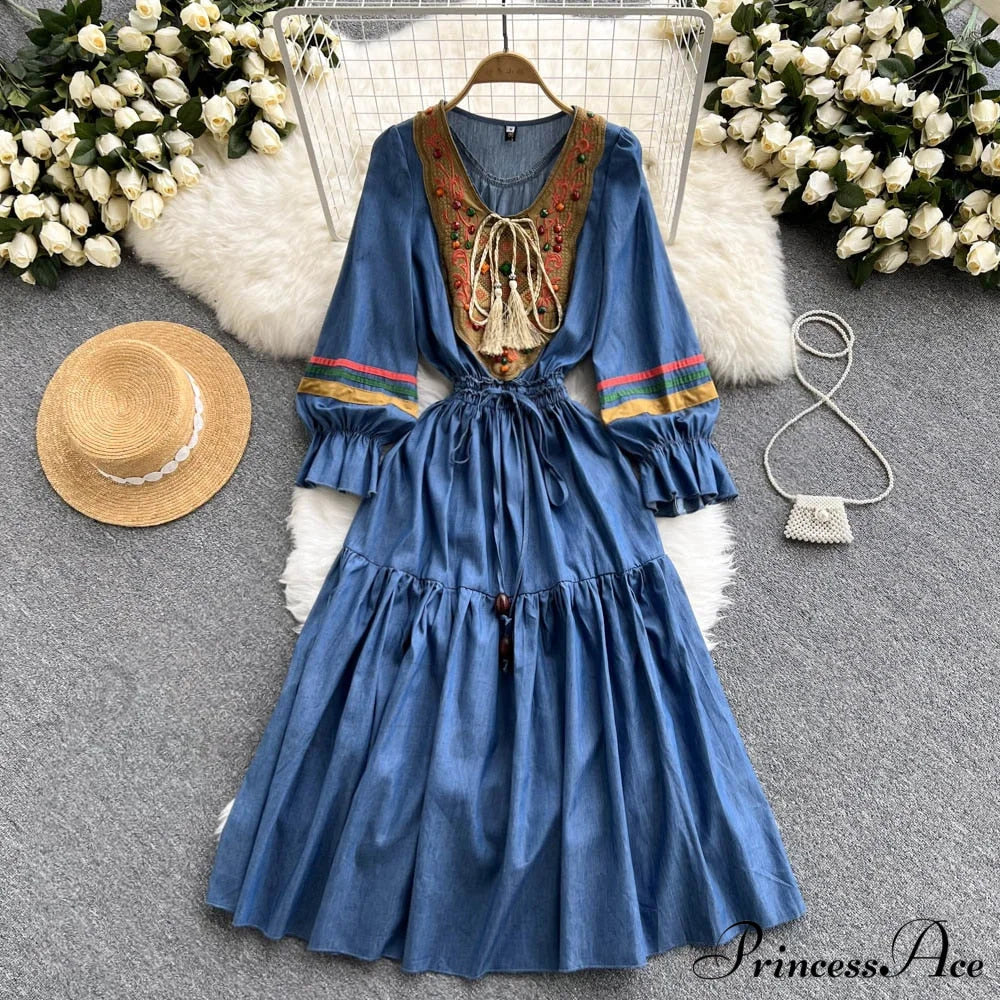 Denim Cowboy National Women Embroidered A Korean Folded Autumn Line Jeans Warm-Season Arm Gown 2024