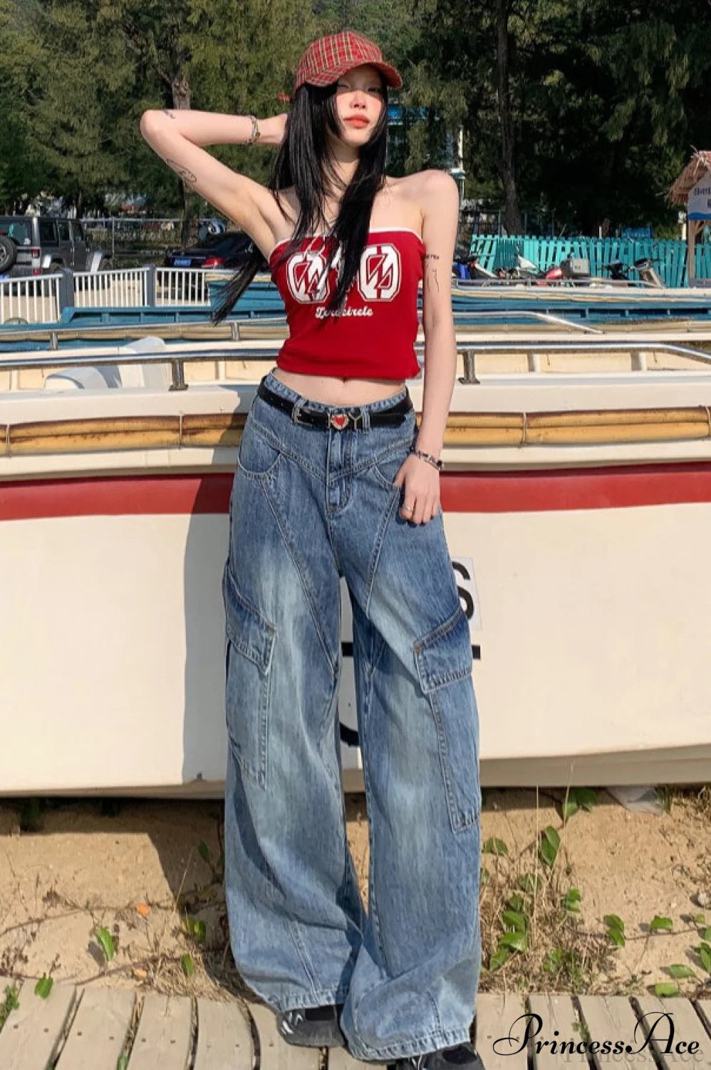 Denim Diagonal Split Wide Leg Cargo Pants