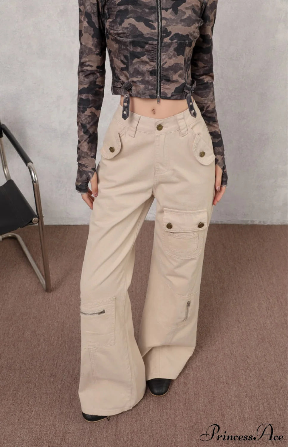 Denim Multi-Pocket High Waist Flared Cargo Pants Apricot / XS