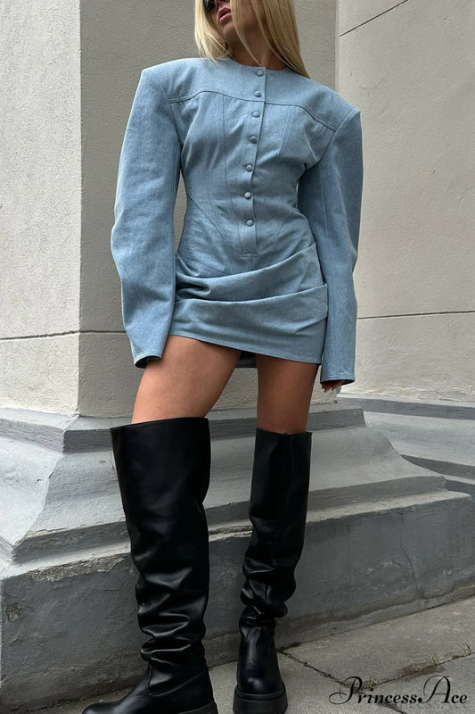 Denim Padded Shoulder Crew Neck Tie Waist Mini Dress Blue / S